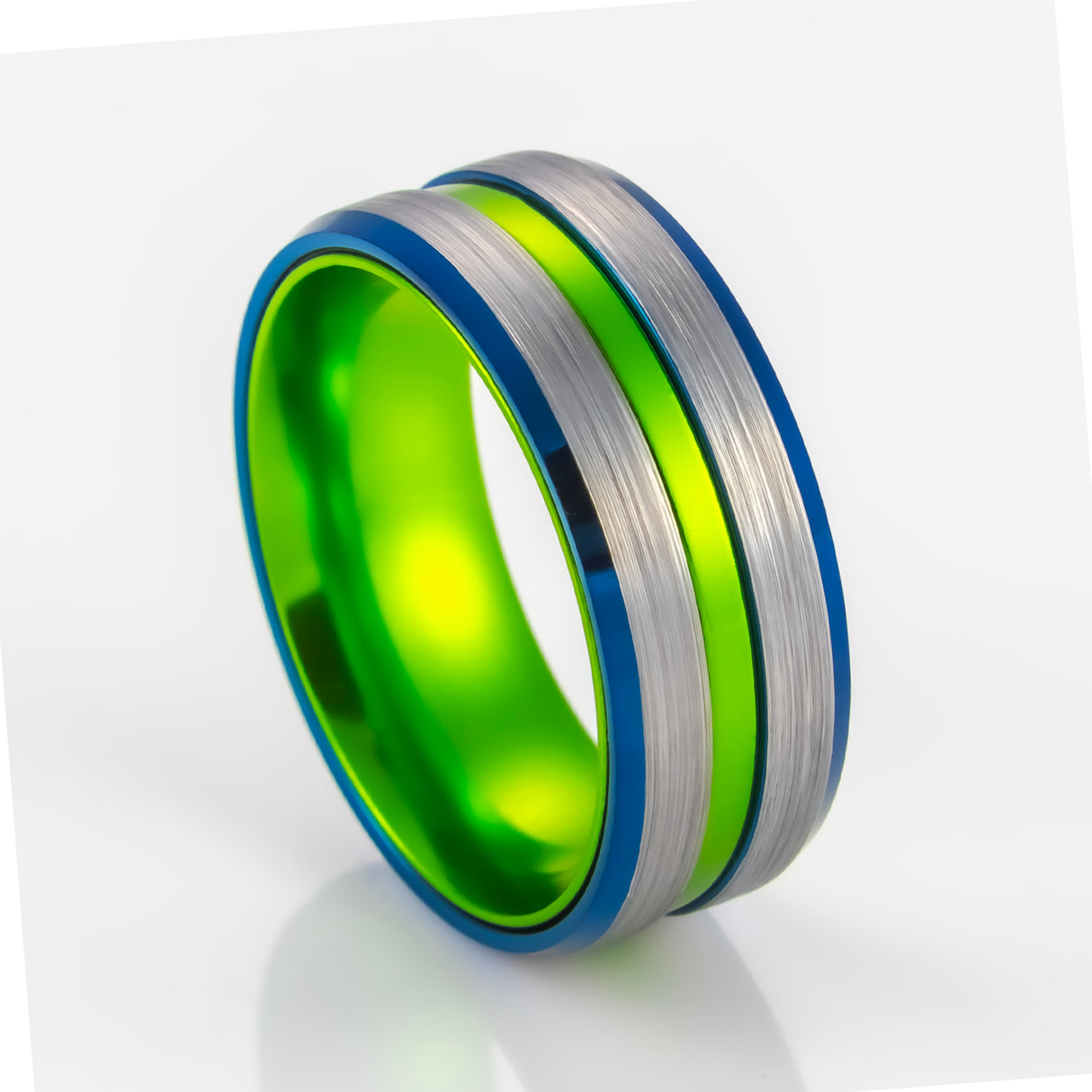 8MM - Green Tungsten Ring W/ Polished Blue beveled edges brushed center