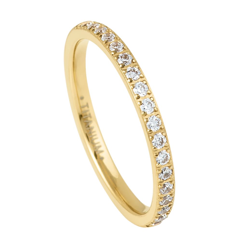 Gold Titanium Ring Half Eternity White Cubic Zircon Diamonds 2mm