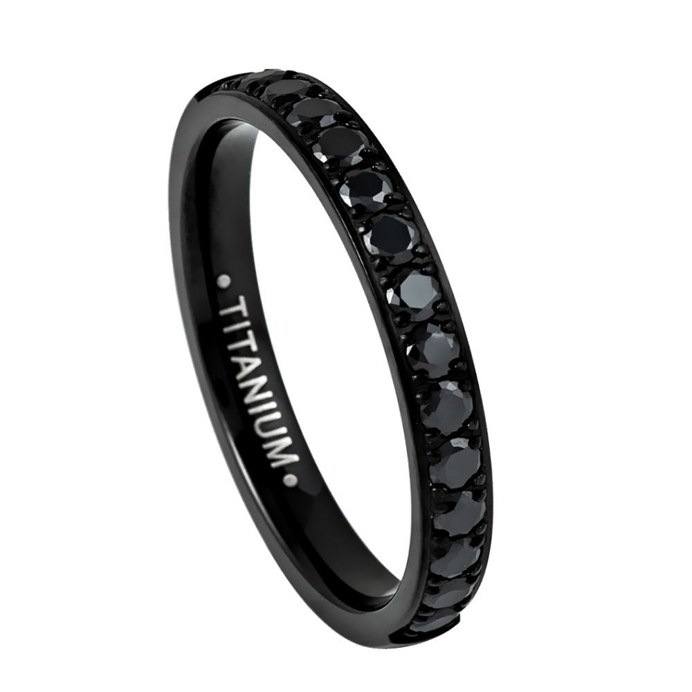 Black Titanium Ring Half Eternity Black Cubic Zircon Diamonds 3mm