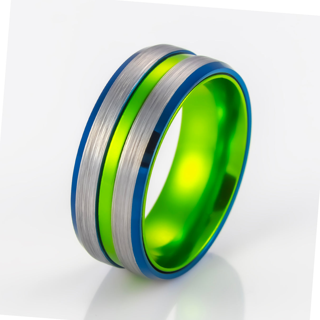 8MM - Green Tungsten Ring W/ Polished Blue beveled edges brushed center