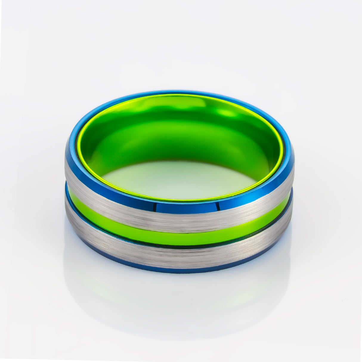 8MM - Green Tungsten Ring W/ Polished Blue beveled edges brushed center