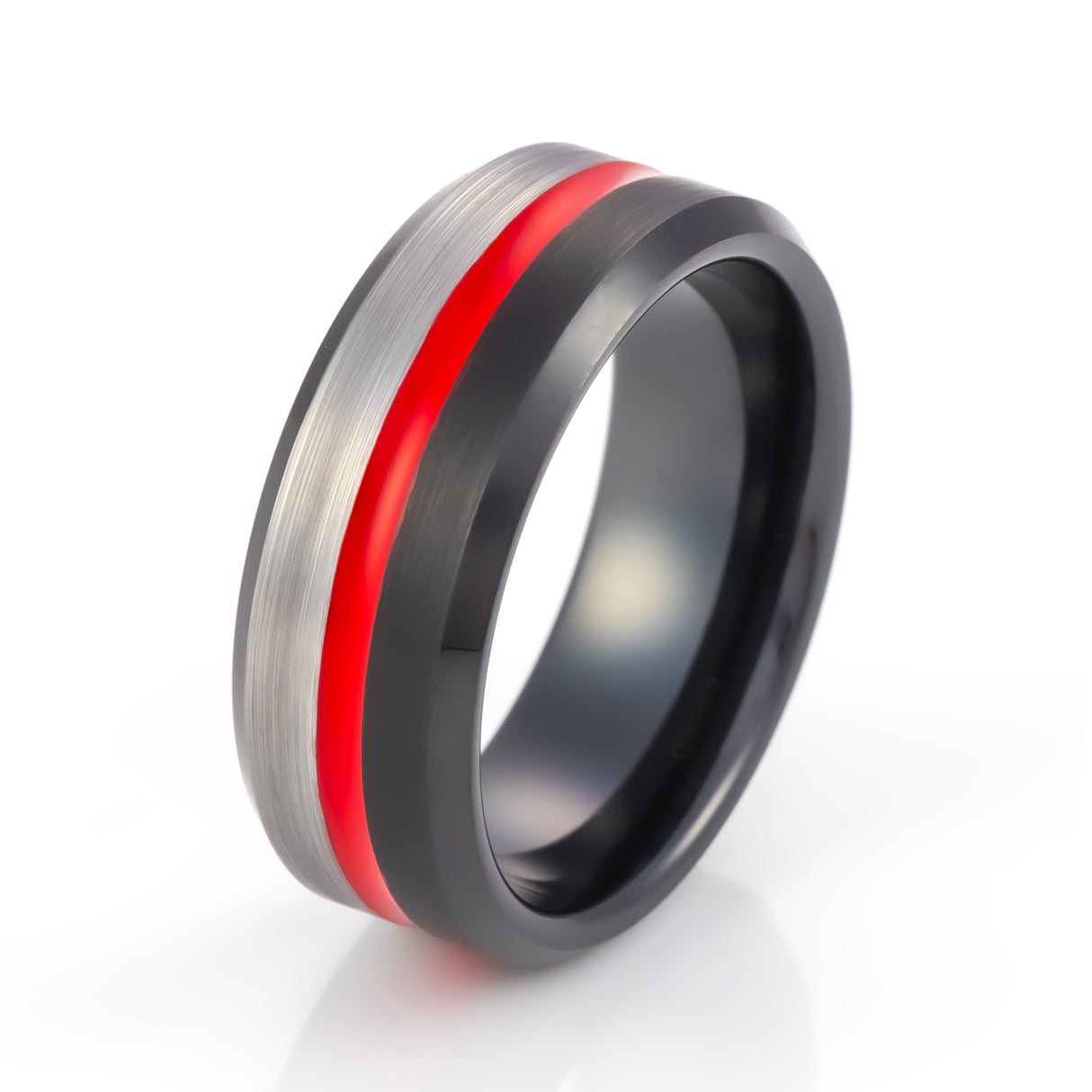 8mm - Men's Tungsten Carbide black ring half brushed center w/ red groove