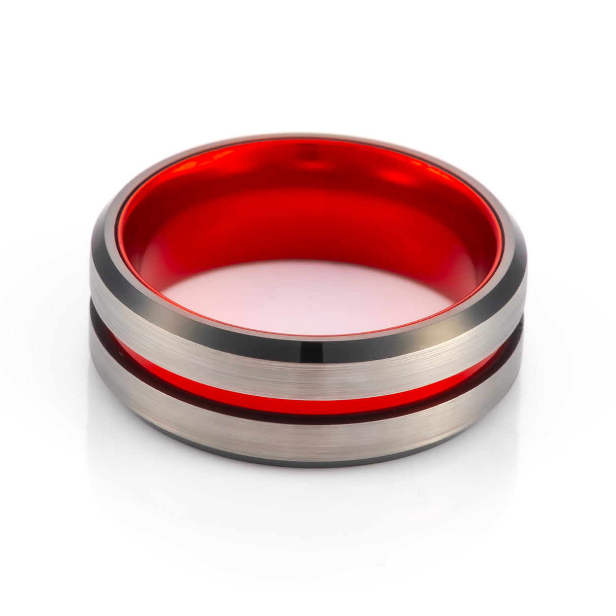 8mm - Red Tungsten Ring w/Black beveled edges w/Brushed center wedding band