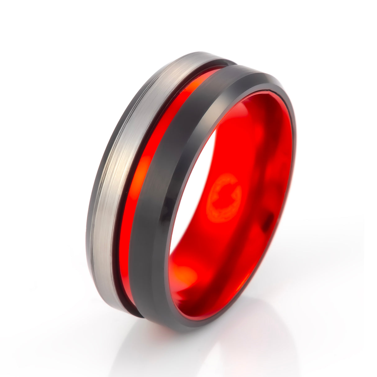 8mm - Red Tungsten Ring w/Black beveled edges w/ half Brushed center wedding band