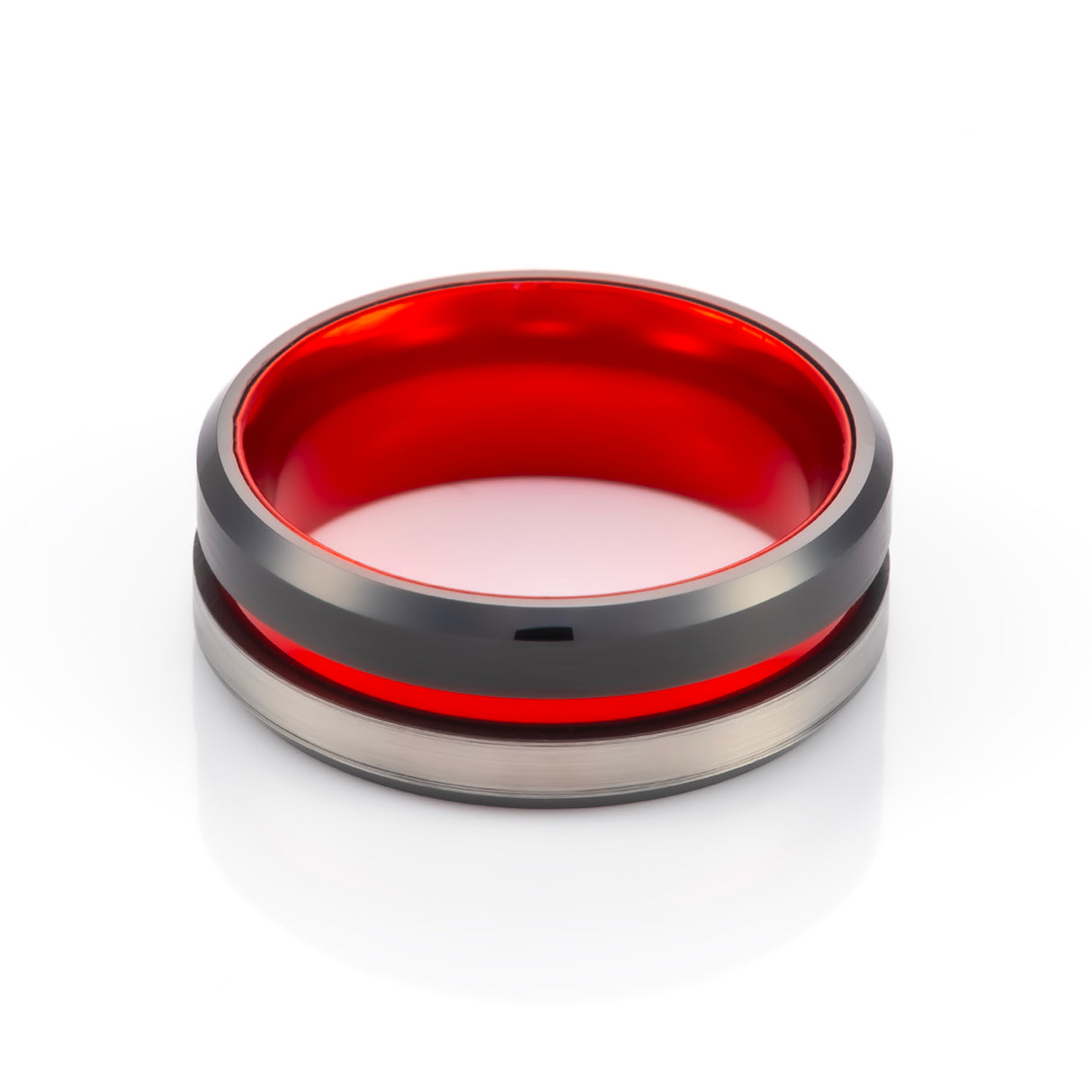 8mm - Red Tungsten Ring w/Black beveled edges w/ half Brushed center wedding band