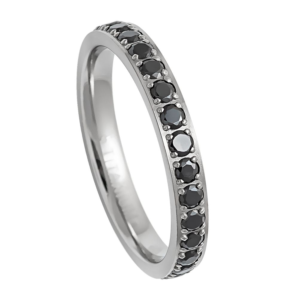 Silver Titanium Ring Full Eternity Black Cubic Zircon Diamonds 3mm