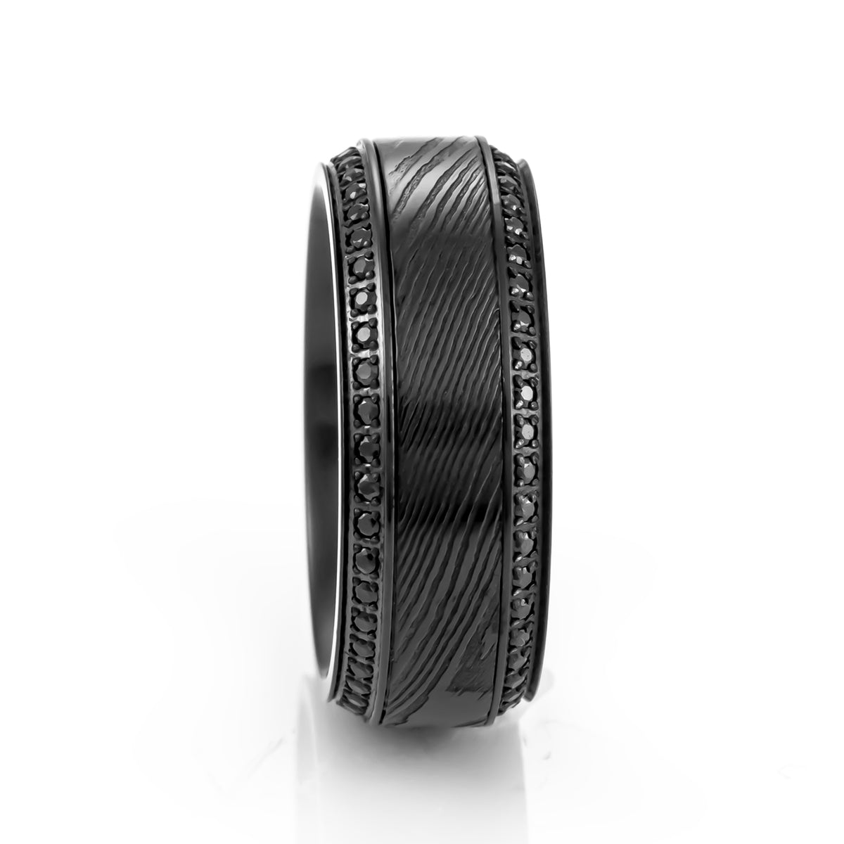 TROPHY Black Damascus Steel Inlaid Polished Black Titanium Men's Wedding  Band With Black Sapphire Beveled Edges - 8mm