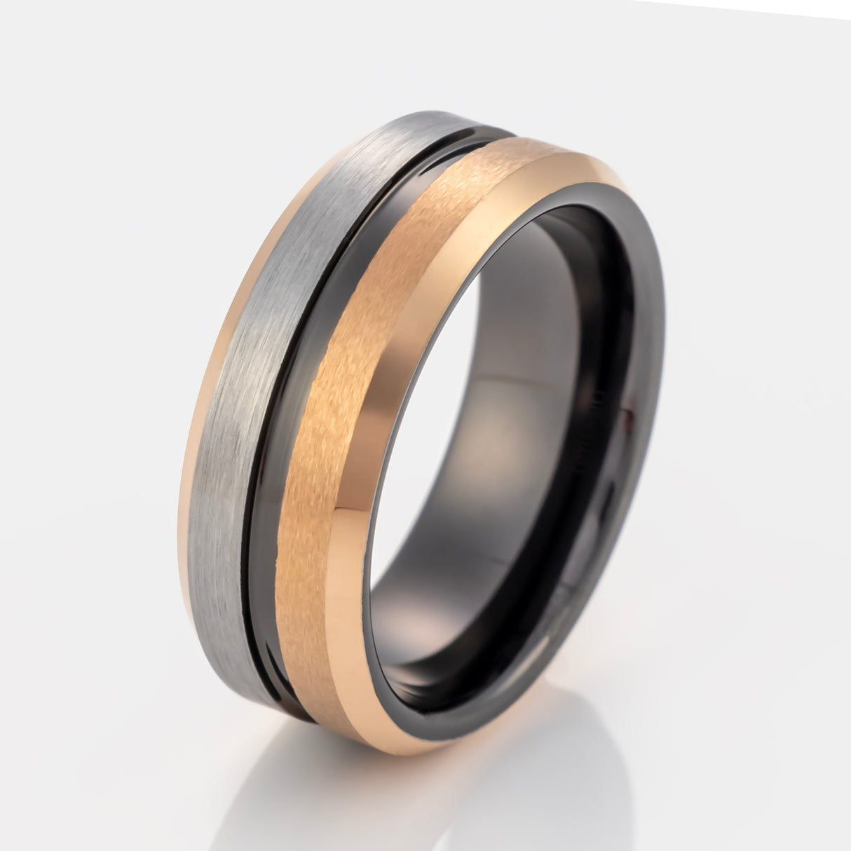8mm- Black and Rose Gold half Brushed Tungsten Ring