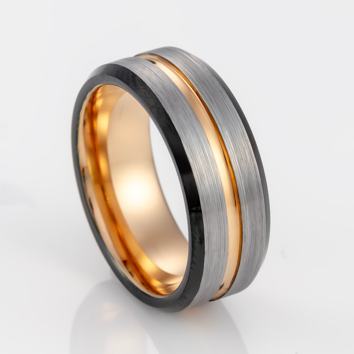 8mm - Rose gold Tungsten Ring w/Black beveled edges w/ half Brushed center wedding band