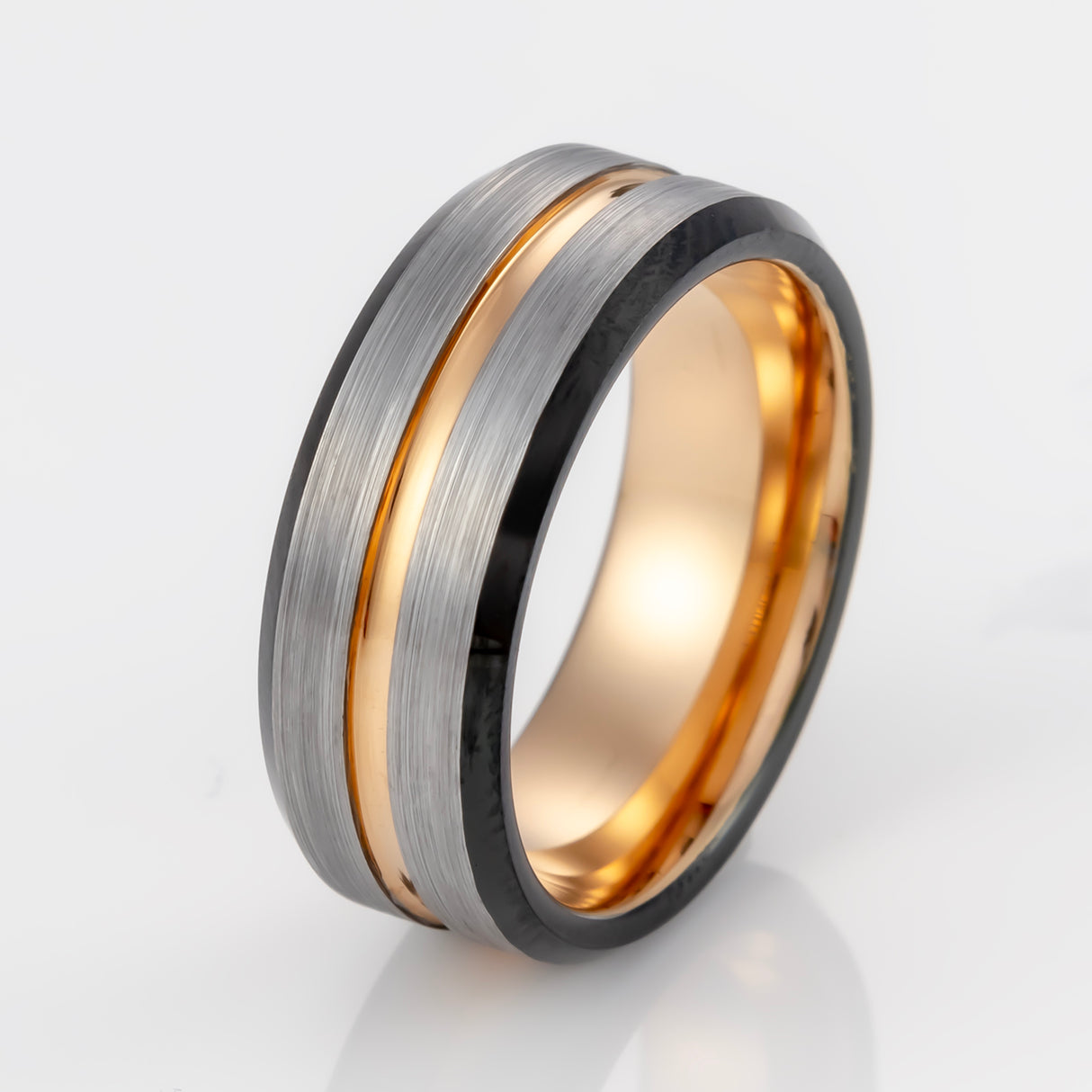 8mm - Rose gold Tungsten Ring w/Black beveled edges w/ half Brushed center wedding band