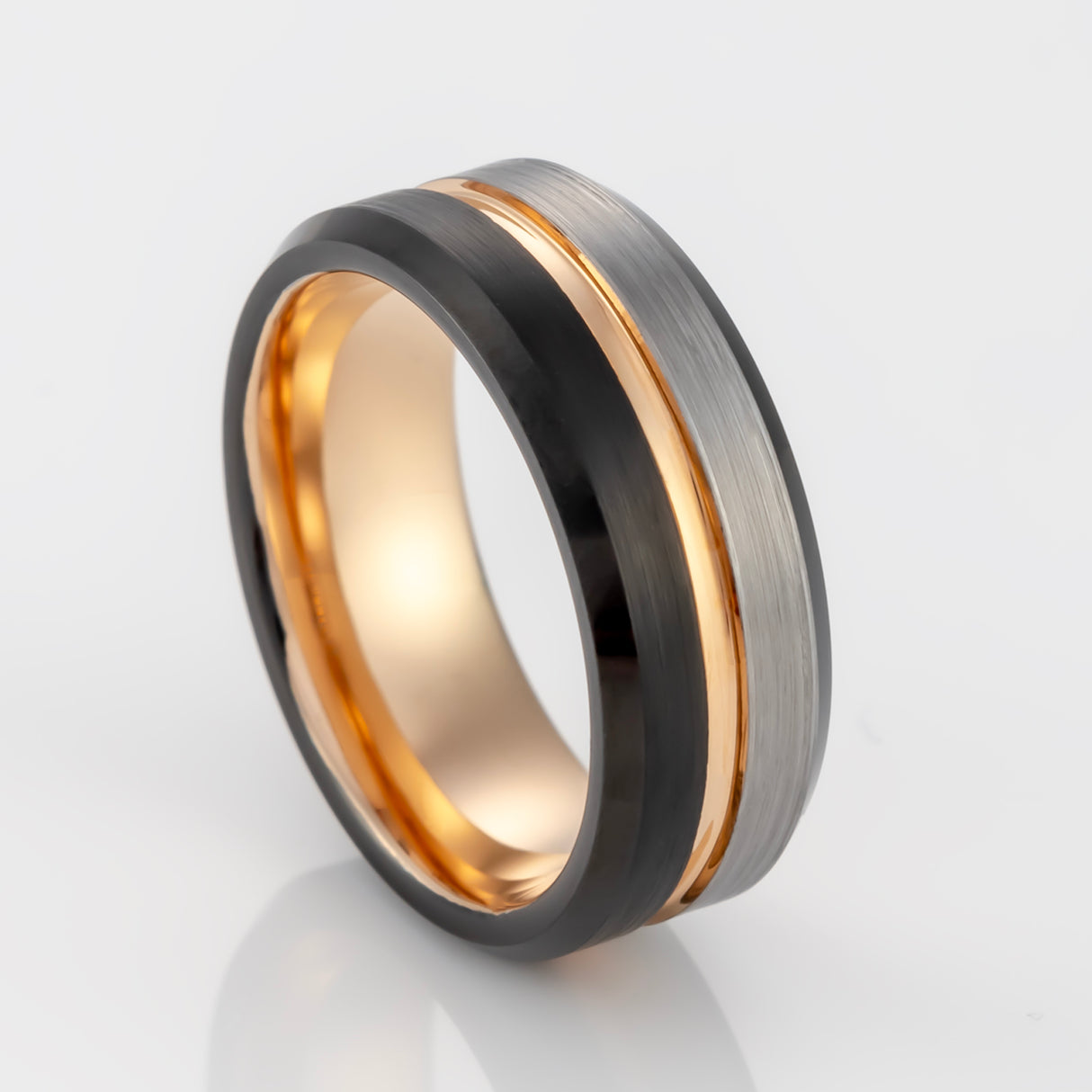 8mm - Rose gold Tungsten Ring w/Black beveled edges half Brushed wedding band