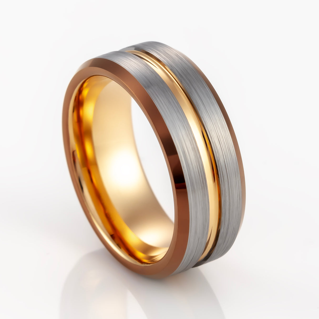 8mm - Rose gold Tungsten Ring w/espresso brown beveled edges Brushed wedding band