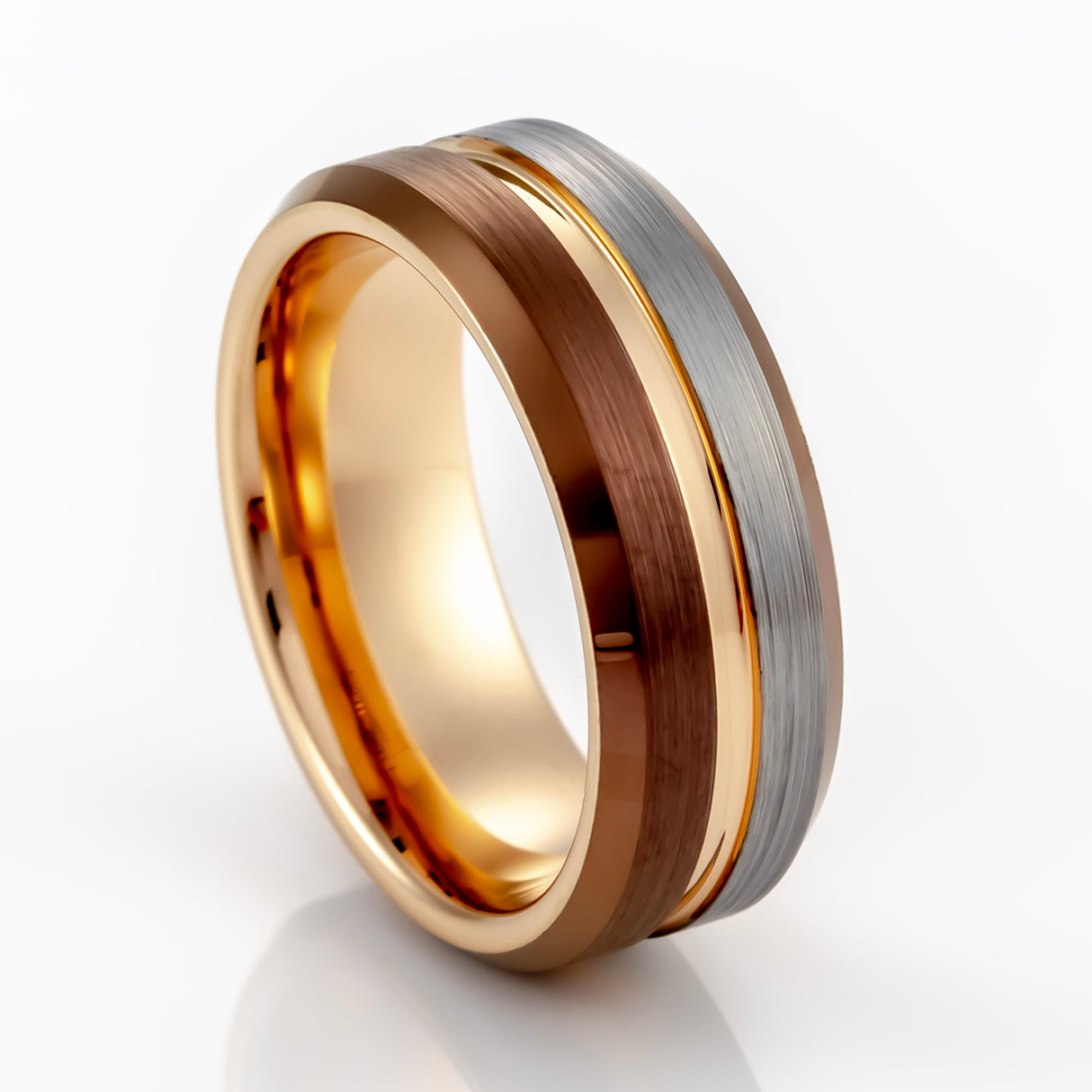 8mm - Rose gold Tungsten Ring w/espresso brown beveled edges half Brushed wedding band