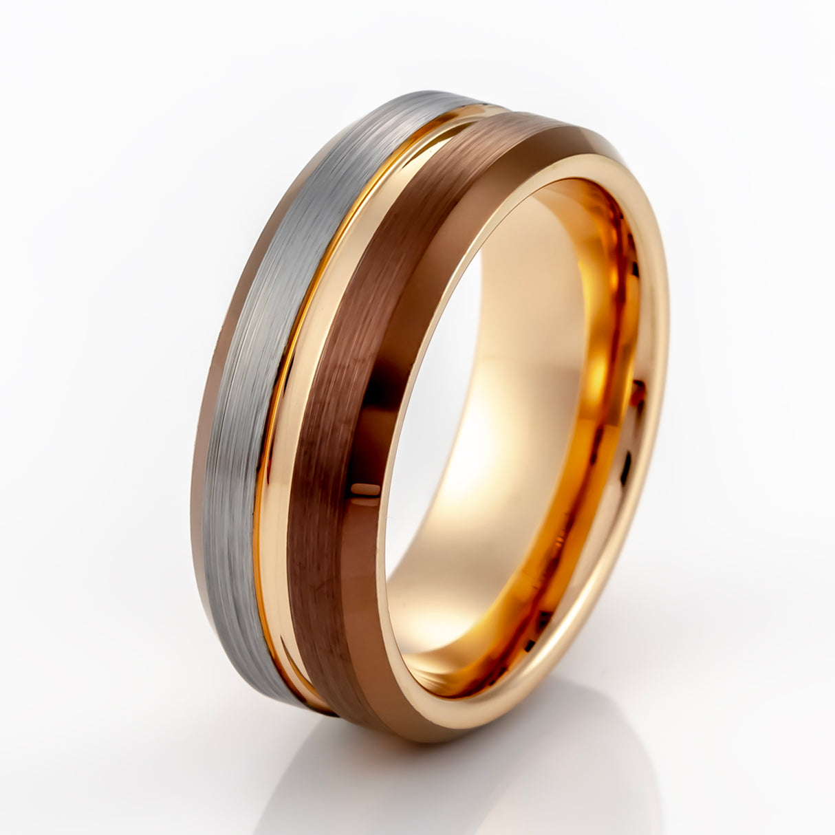 8mm - Rose gold Tungsten Ring w/espresso brown beveled edges half Brushed wedding band