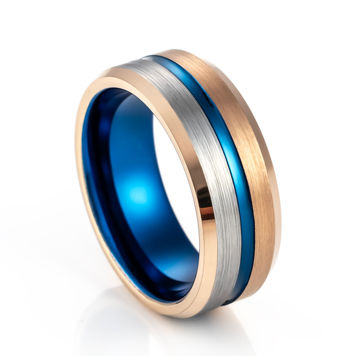 8mm - Blue & Rose Gold half Brush Matte Finish Tungsten Carbide Ring Beveled Edge