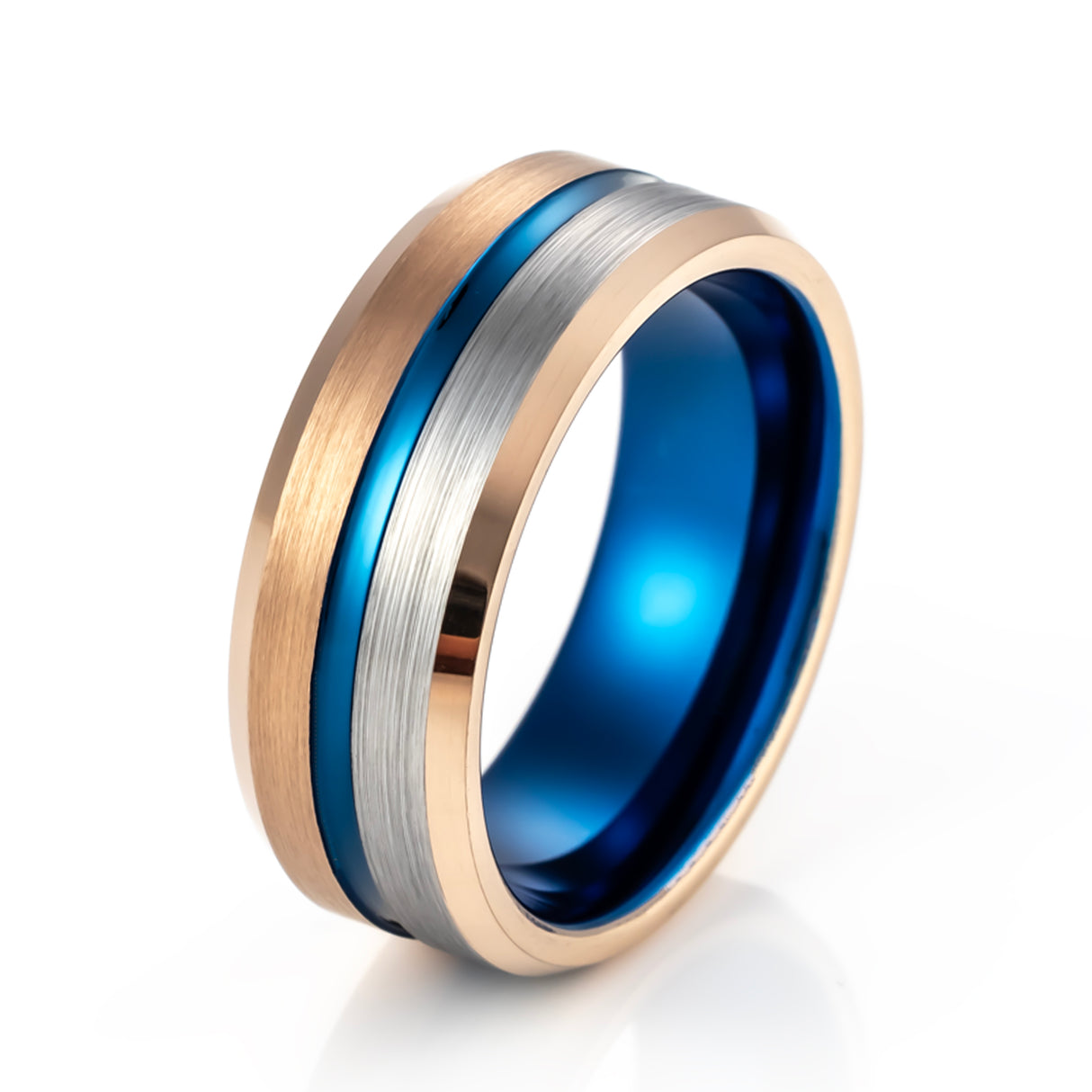 8mm - Blue & Rose Gold half Brush Matte Finish Tungsten Carbide Ring Beveled Edge