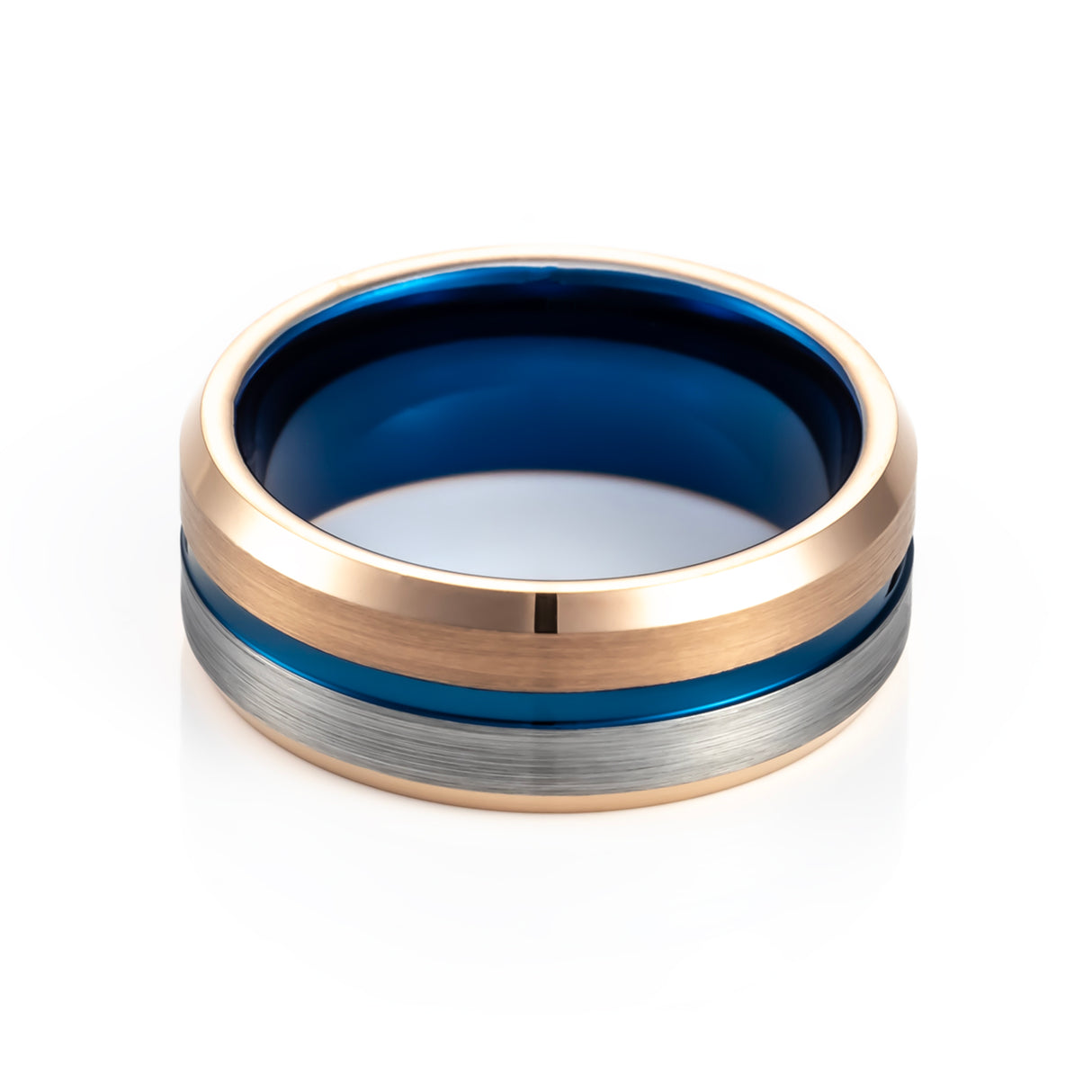 8mm - Blue & Rose Gold half Brush Matte Finish Tungsten Carbide Ring Beveled Edge