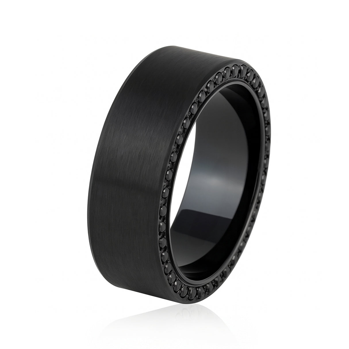 Men's Black Titanium Wedding Band Brushed with Double Sided Full CZ Diamonds -8mm