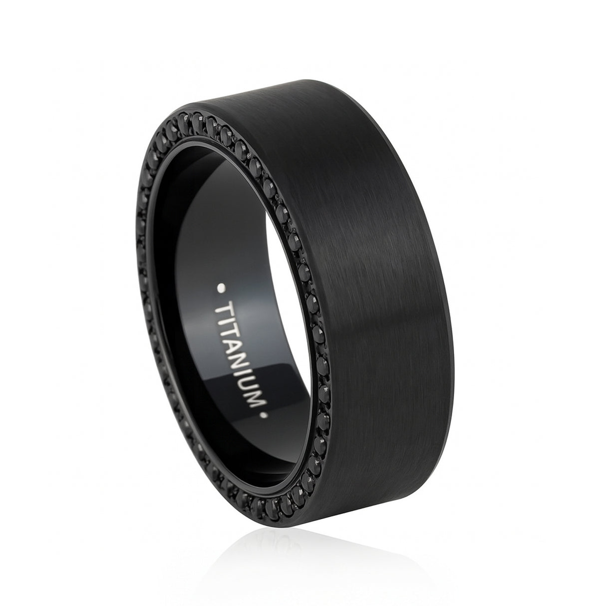 Men's Black Titanium Wedding Band Brushed with Double Sided Full CZ Diamonds -8mm