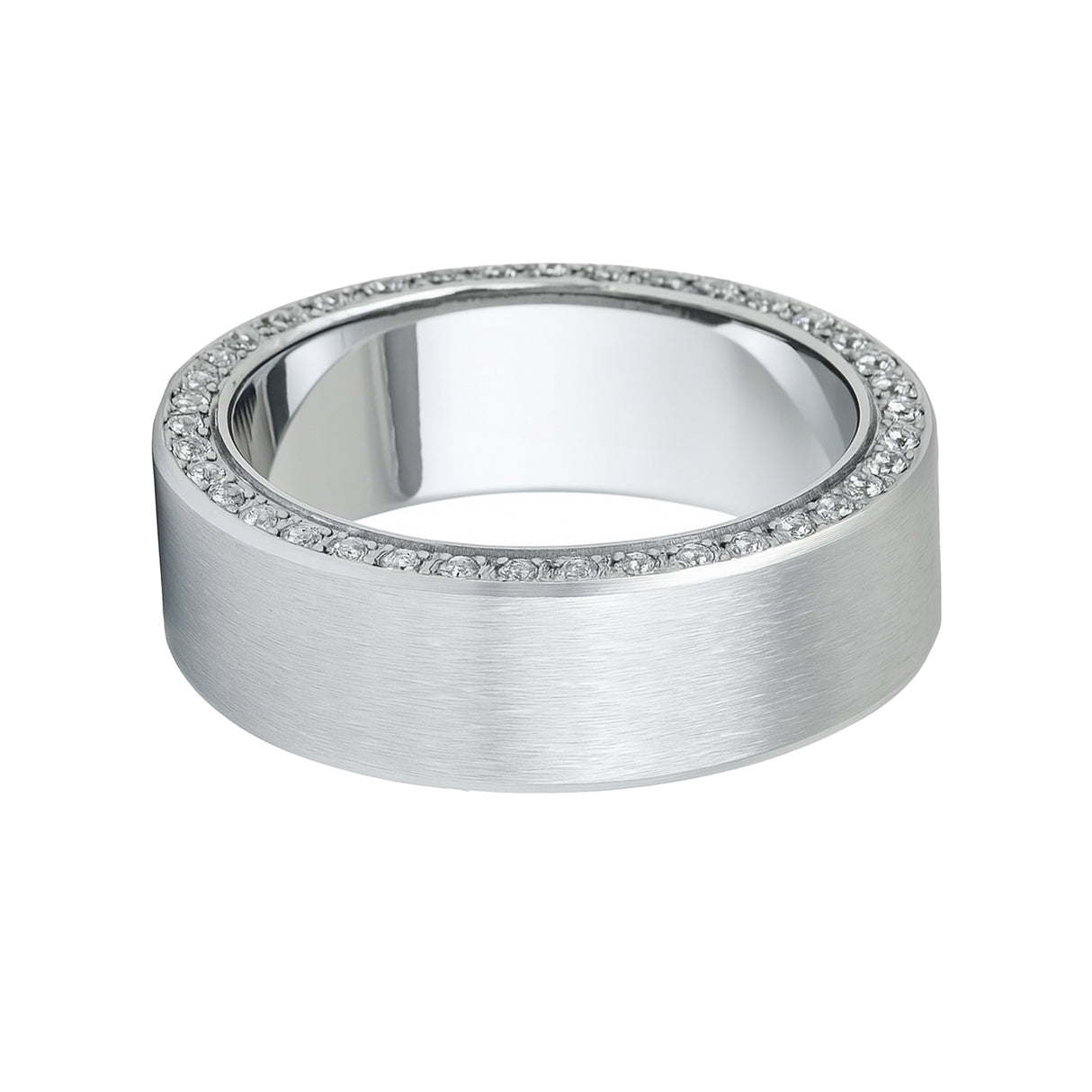 Men's Silver Titanium Wedding Band Brushed with Double Sided Full CZ Diamonds -8mm