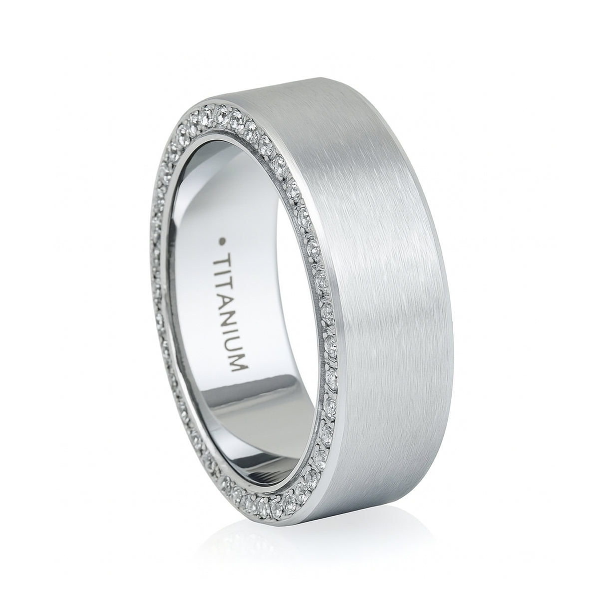 Men's Silver Titanium Wedding Band Brushed with Double Sided Full CZ Diamonds -8mm
