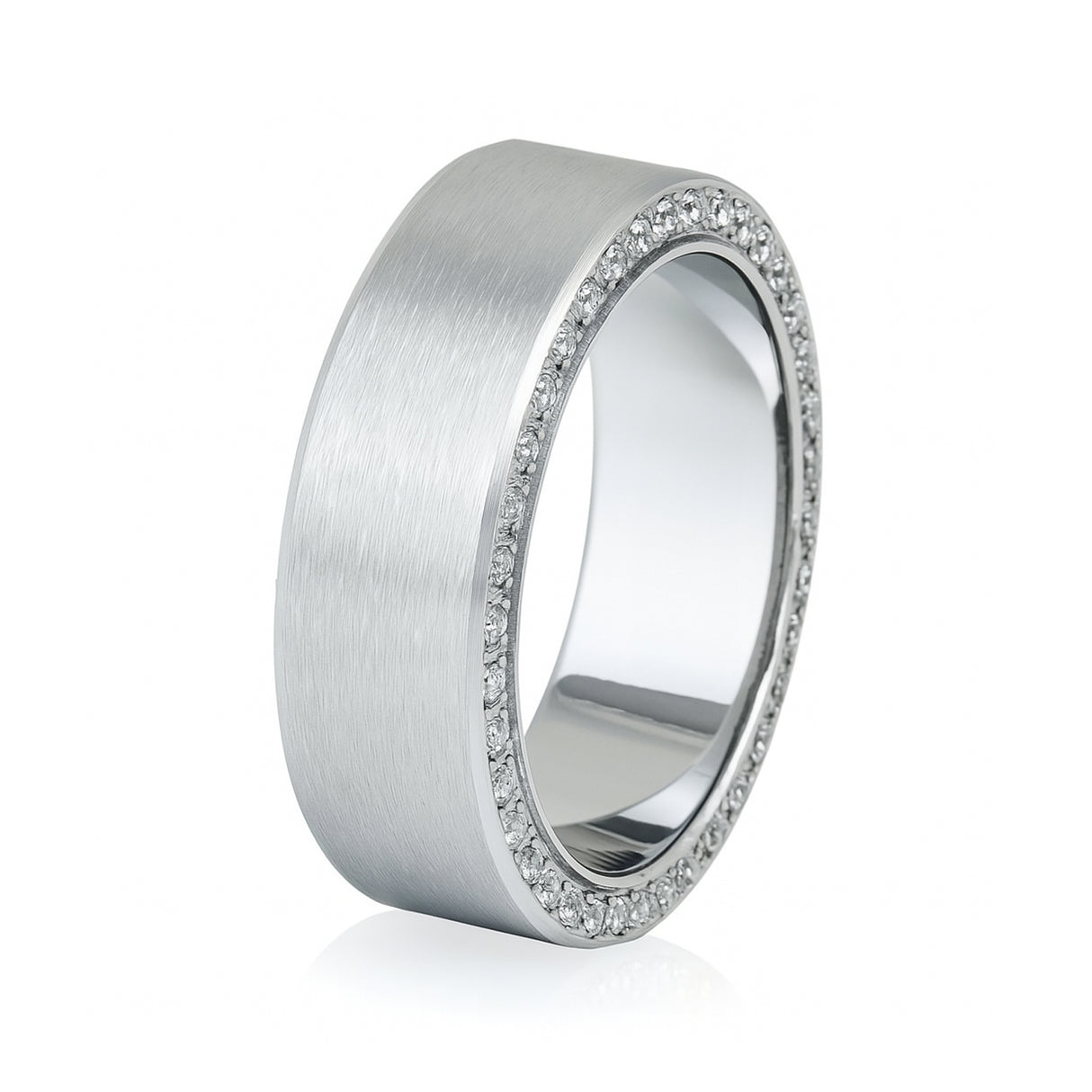 Men's Silver Titanium Wedding Band Brushed with Double Sided Full CZ Diamonds -8mm