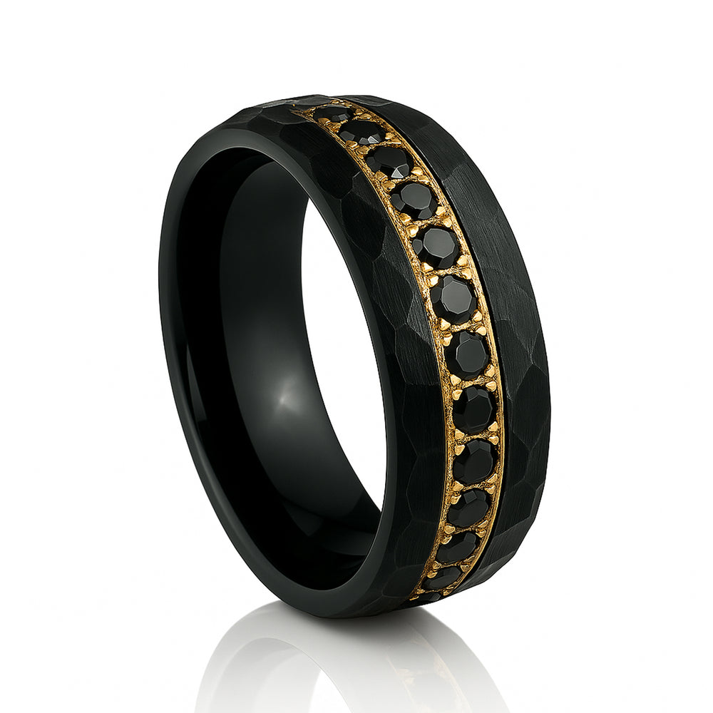 8mm - Black & Gold Tungsten Hammered Wedding Band, with Black Sapphires Ring