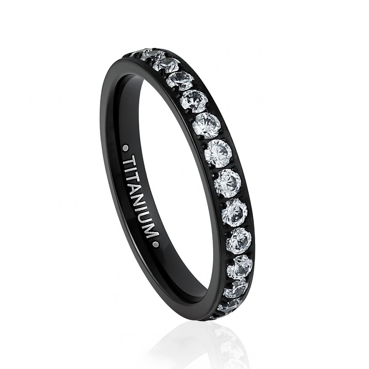 Black Titanium Ring Half Eternity White Cubic Zircon Diamonds 3mm