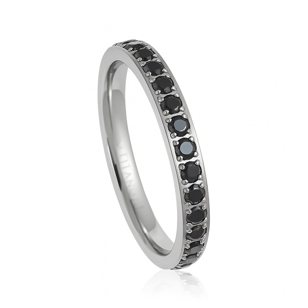 Silver Titanium Ring Full Eternity Black Cubic Zircon Diamonds 3mm
