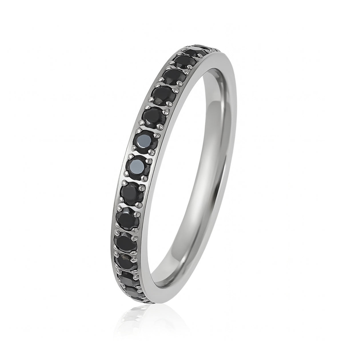 Silver Titanium Ring Full Eternity Black Cubic Zircon Diamonds 3mm