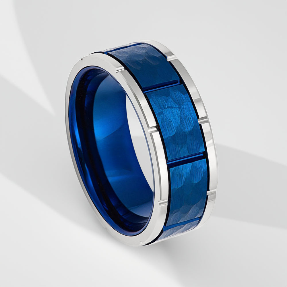 8mm - Mens Tungsten Blue & Silver Wedding Band, Hammered Ring, Comfort-Fit