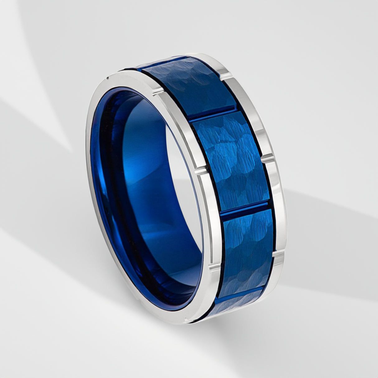 8mm - Mens Tungsten Blue & Silver Wedding Band, Hammered Ring, Comfort-Fit