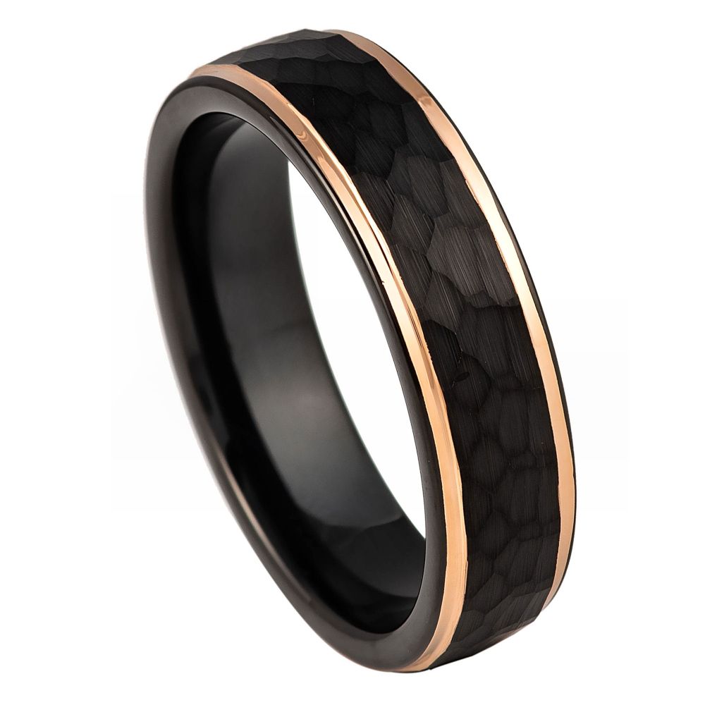 6mm - Tungsten Ring Two-Tone Black & Rose Gold Edges Hammered Center