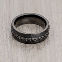 8mm - Black Tungsten Hammered Wedding Band, with Black Sapphires Ring