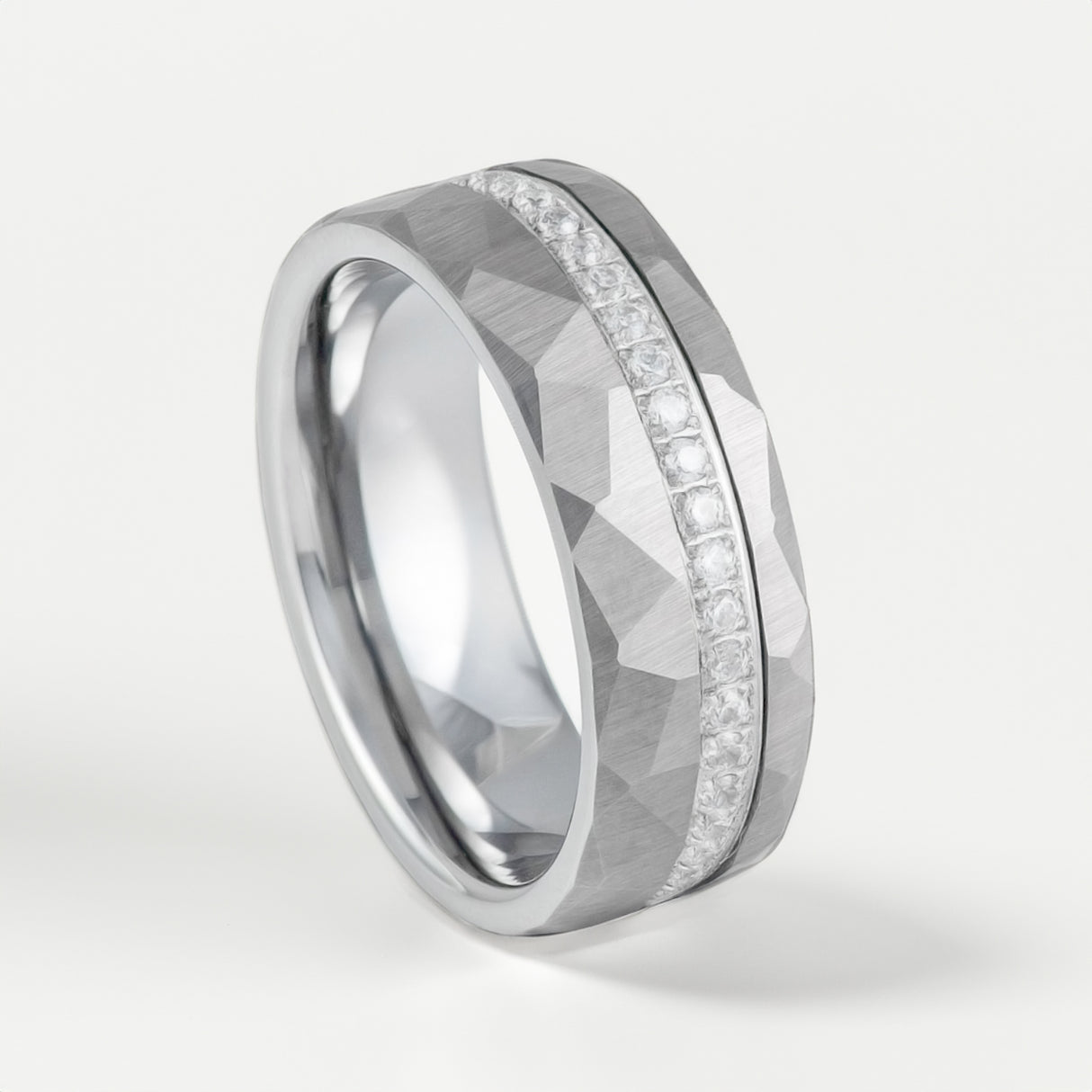 8mm - Silver Tungsten Hammered Wedding Band with Off-center Eternity Diamonds