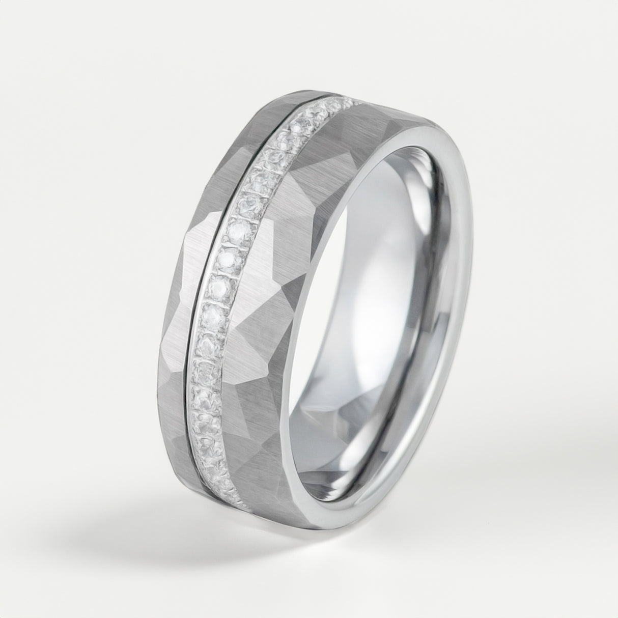 8mm - Silver Tungsten Hammered Wedding Band with Off-center Eternity Diamonds