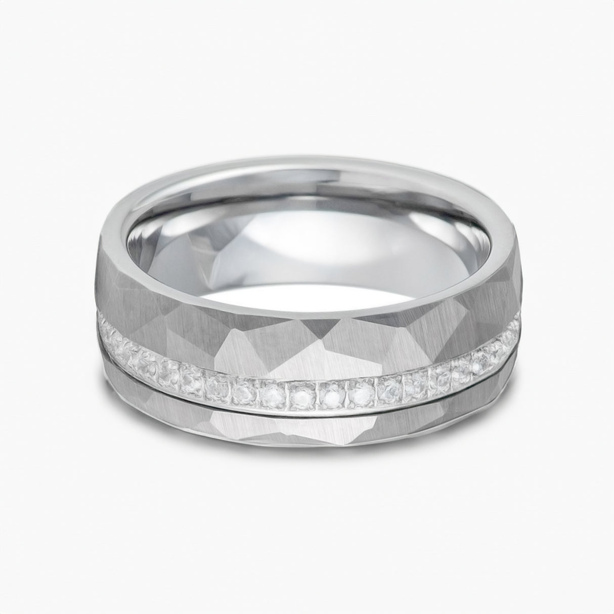 8mm - Silver Tungsten Hammered Wedding Band with Off-center Eternity Diamonds
