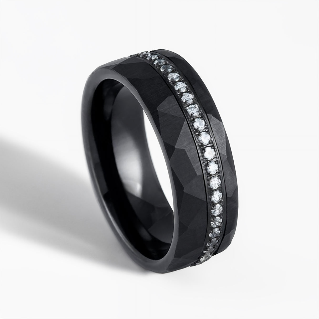 8mm - Black Tungsten Hammered Wedding Band with Off-center Eternity Diamonds