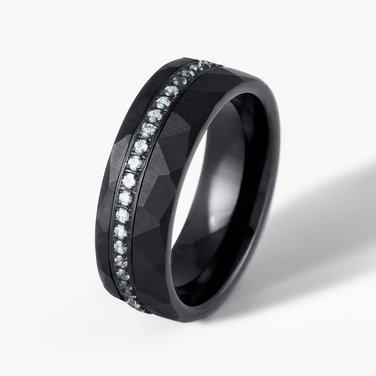 8mm - Black Tungsten Hammered Wedding Band with Off-center Eternity Diamonds