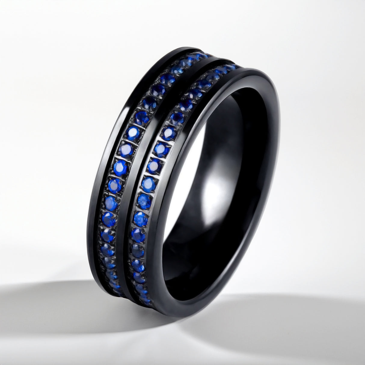 8mm - Black Tungsten Band With Double Blue CZ Diamond Eternity Row