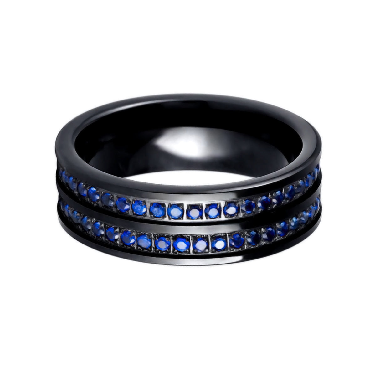 8mm - Black Tungsten Band With Double Blue CZ Diamond Eternity Row