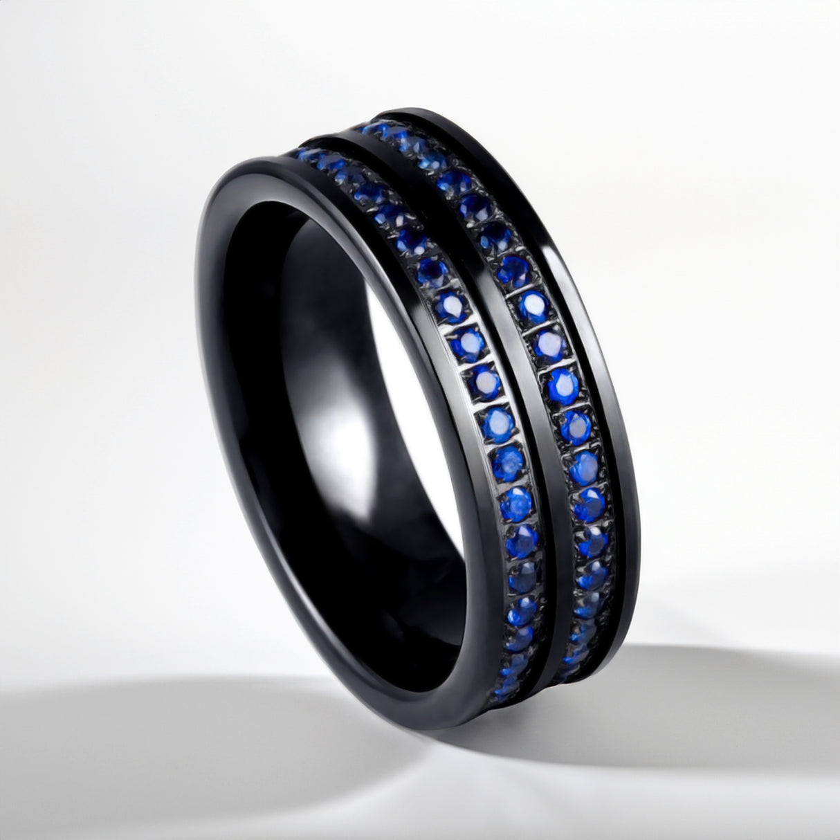 8mm - Black Tungsten Band With Double Blue CZ Diamond Eternity Row
