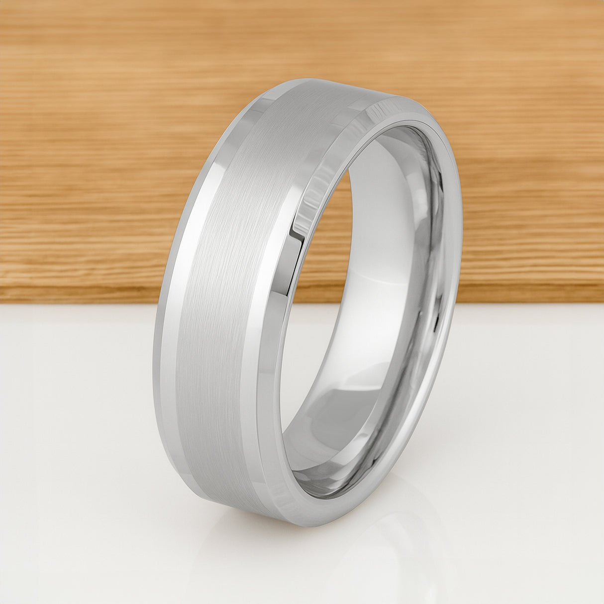 White Silver Platinum-Like Finish Tungsten Ring with Brushed Center and Polished Beveled Edges-8mm