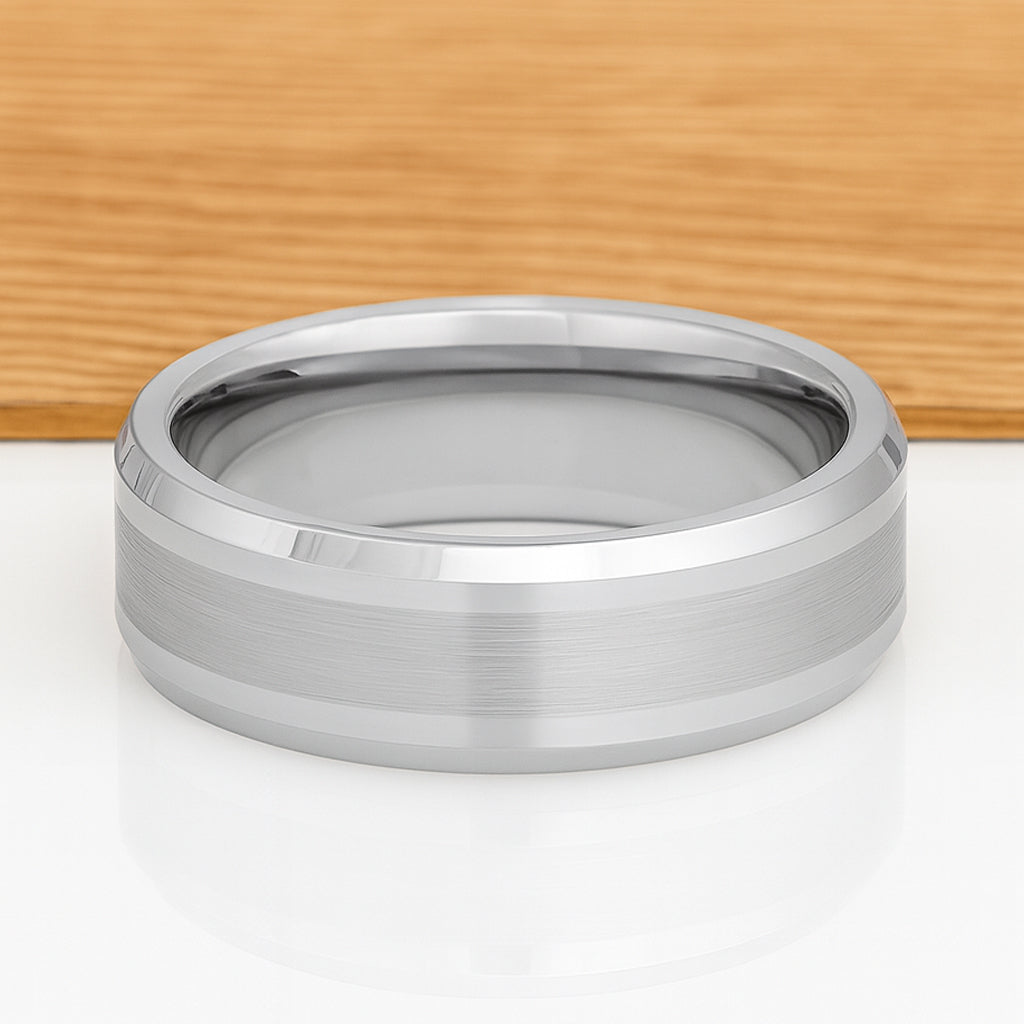 White Silver Platinum-Like Finish Tungsten Ring with Brushed Center and Polished Beveled Edges-8mm