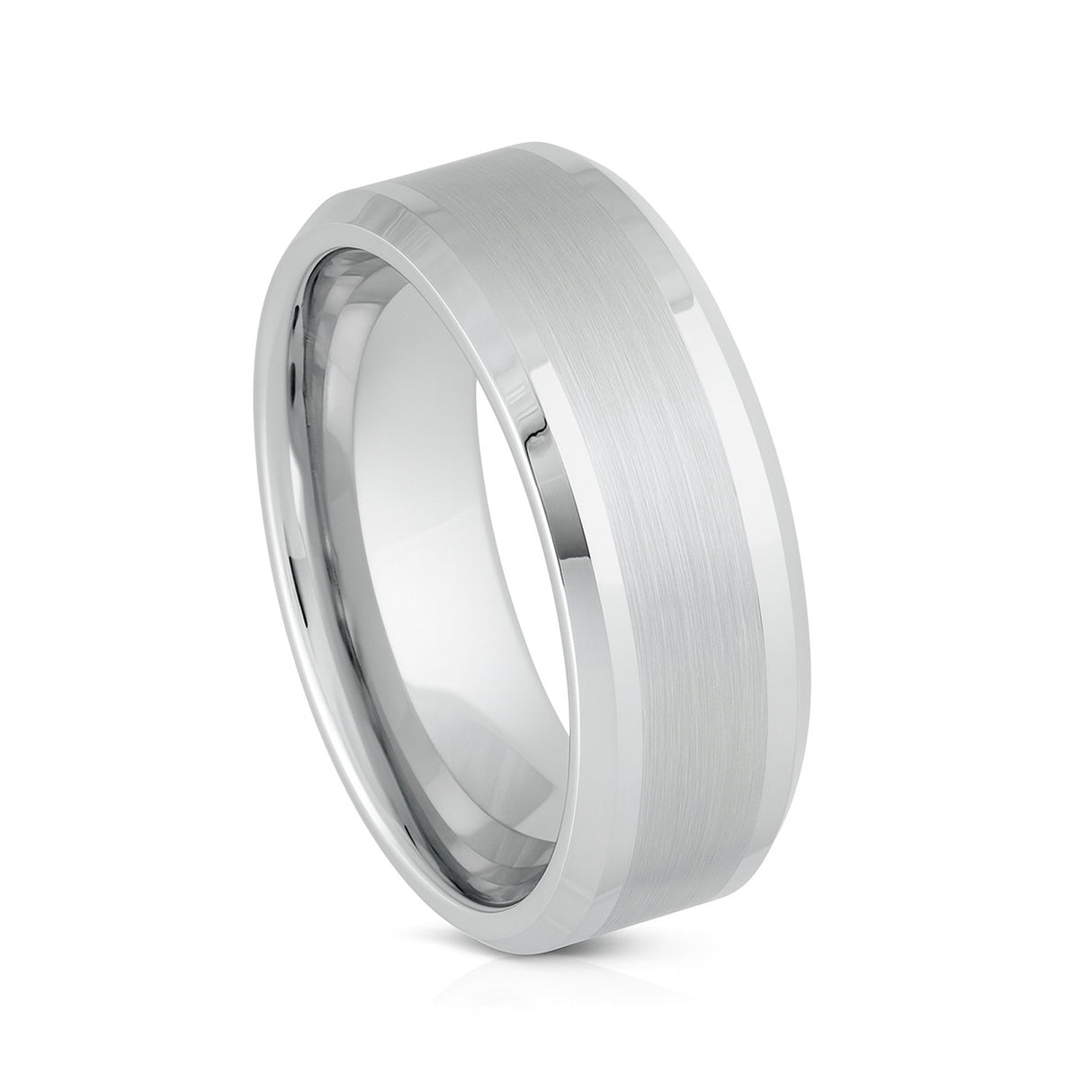 White Silver Platinum-Like Finish Tungsten Ring with Brushed Center and Polished Beveled Edges-8mm