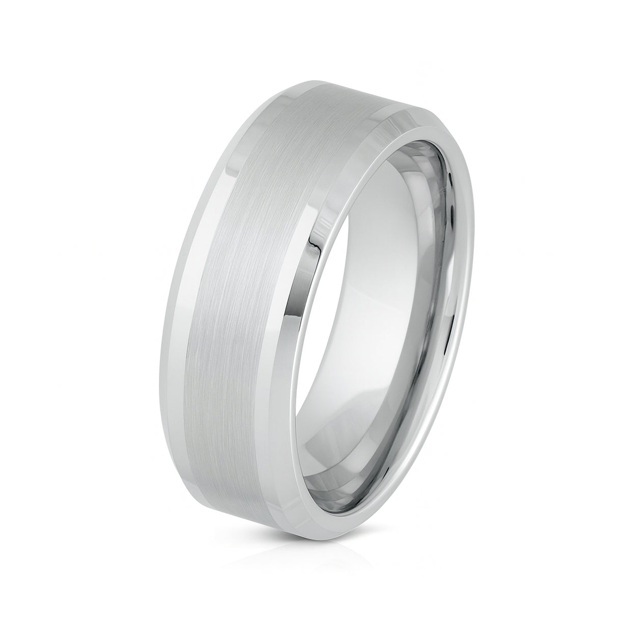 White Silver Platinum-Like Finish Tungsten Ring with Brushed Center and Polished Beveled Edges-8mm
