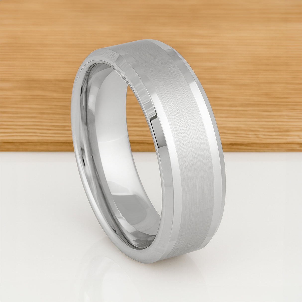White Silver Platinum-Like Finish Tungsten Ring with Brushed Center and Polished Beveled Edges-8mm