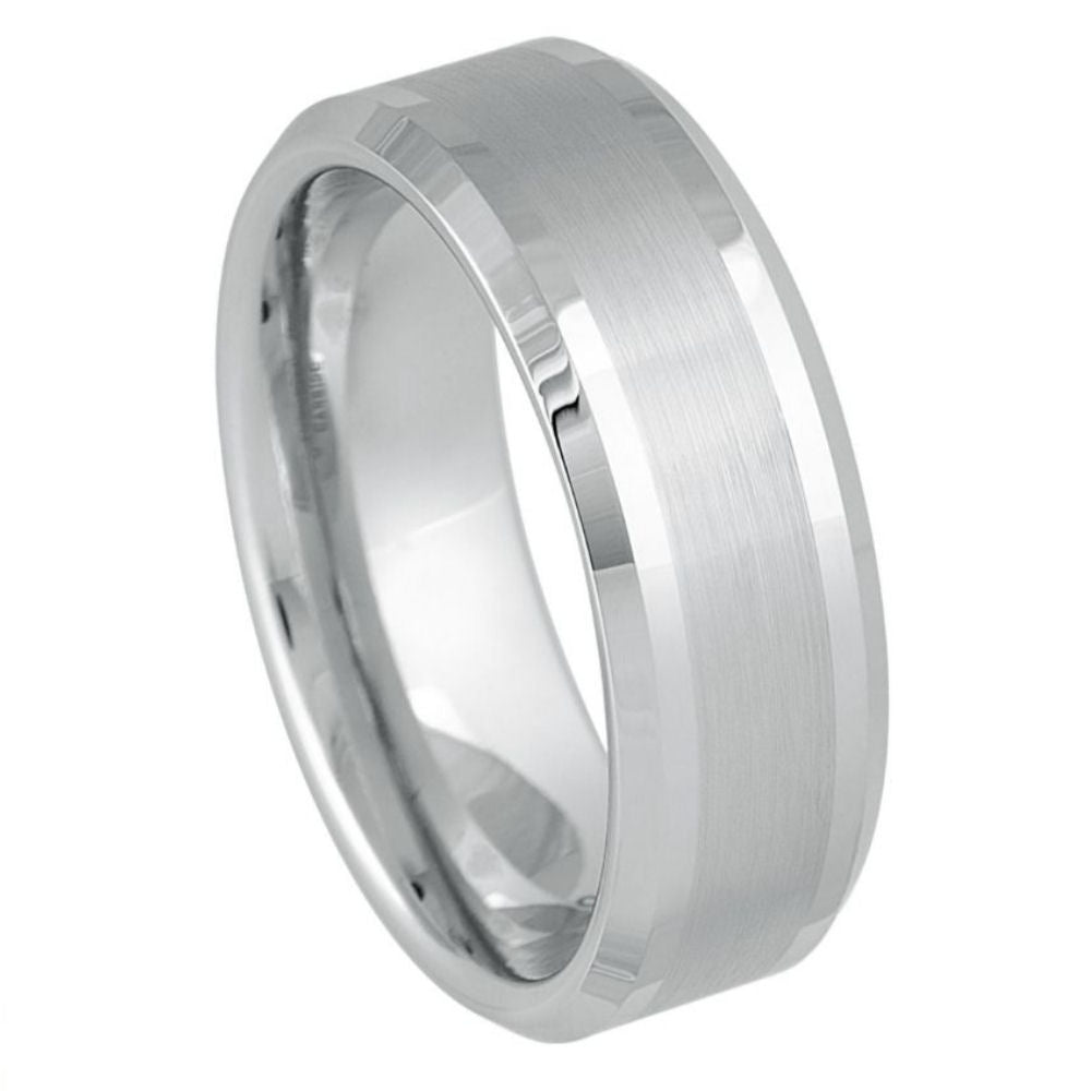 White Silver Platinum-Like Finish Tungsten Ring with Brushed Center and Polished Beveled Edges-8mm