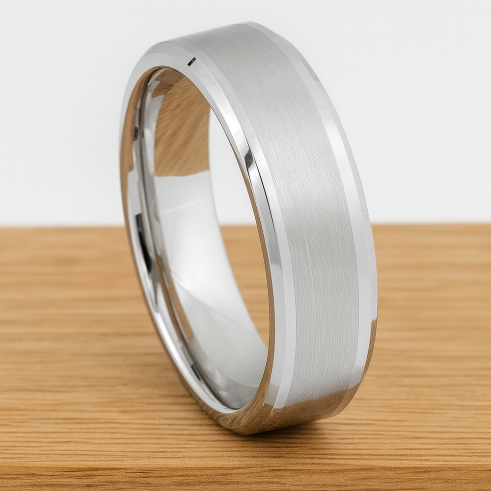 White Silver Platinum-Like Finish Tungsten Ring with Brushed Center and Polished Beveled Edges-6mm