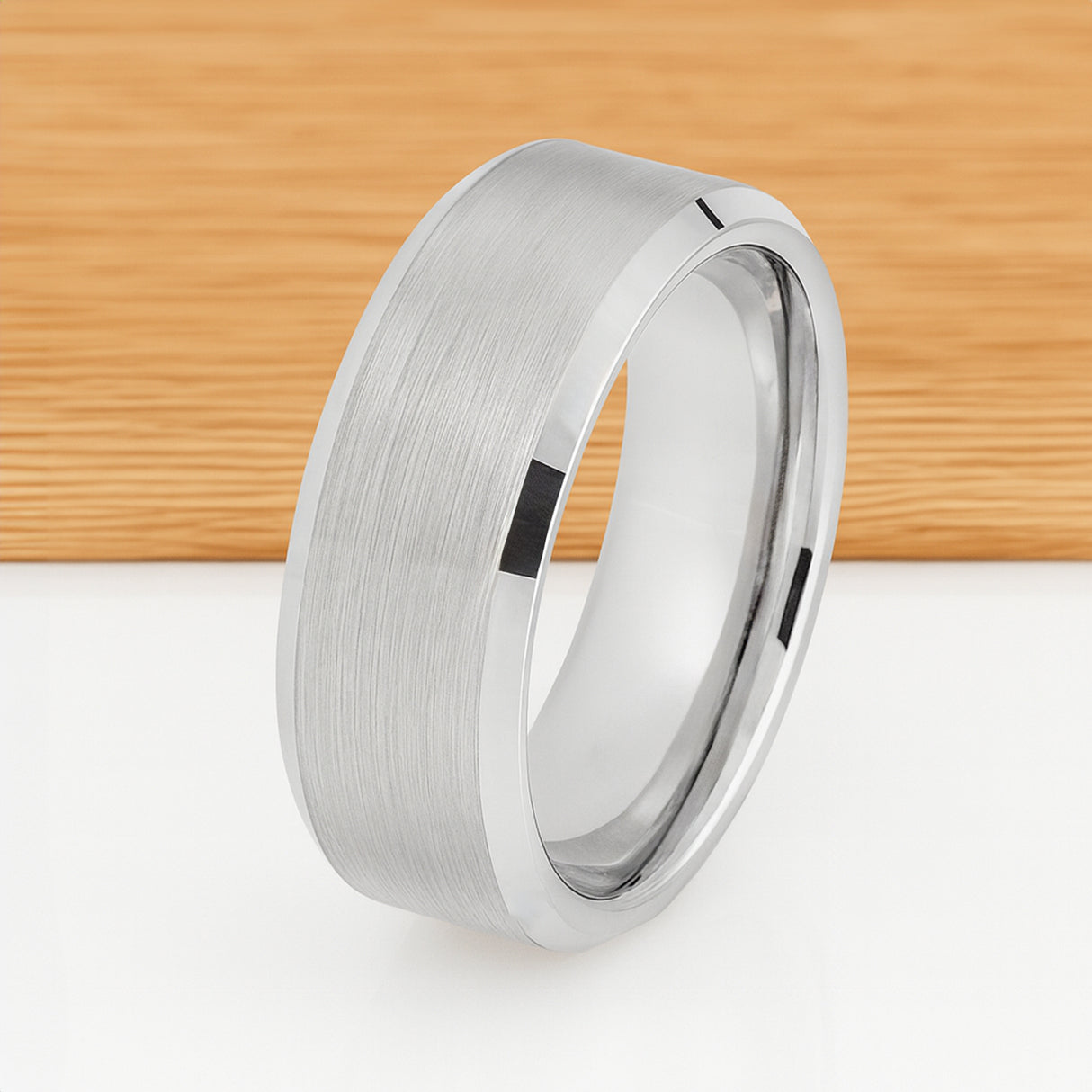 White Silver Platinum-Like Finish Tungsten Carbide Wedding Ring Brushed Center -8MM